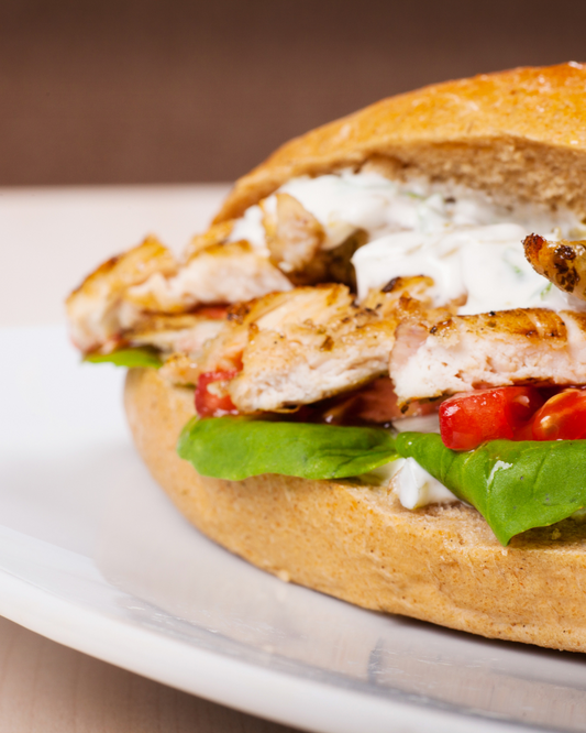 Jerk Chicken Sandwich with Pineapple Salsa and Z Eats Spicy Blue Cheese Sauce.